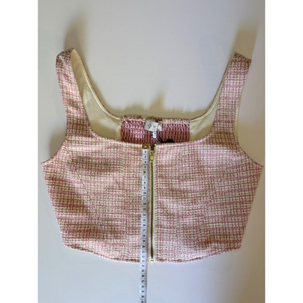 WAYF Pink Tweed Zip Front Crop Top Textured Smocked Back Size S - Picture 11 of 13